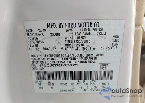 2009 Ford Escape Xlt z USA, uszkodzony, nr VIN 1FMCU03759KC03621